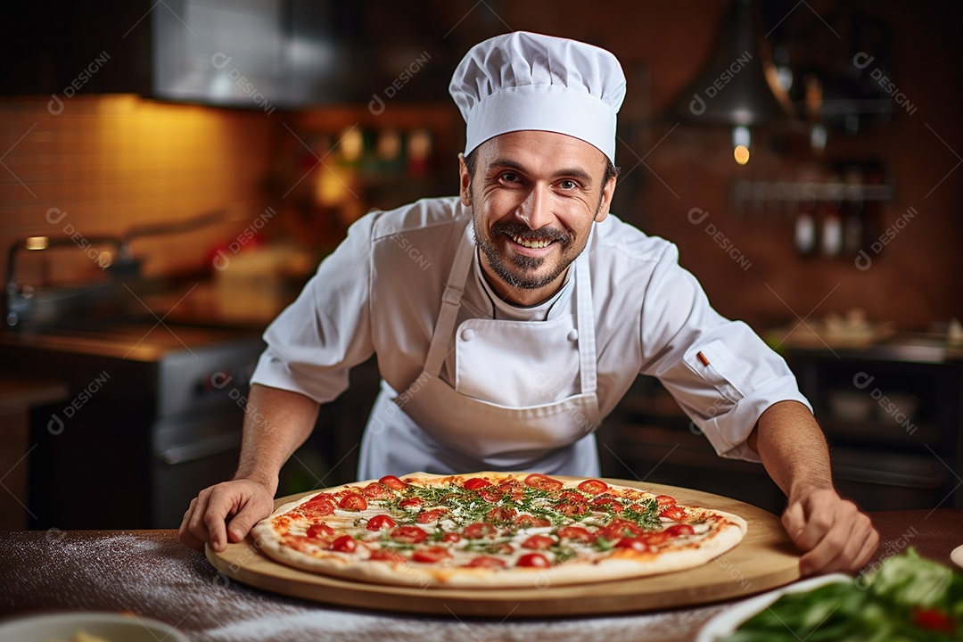 Um chef masculino faz pizza em um restaurante