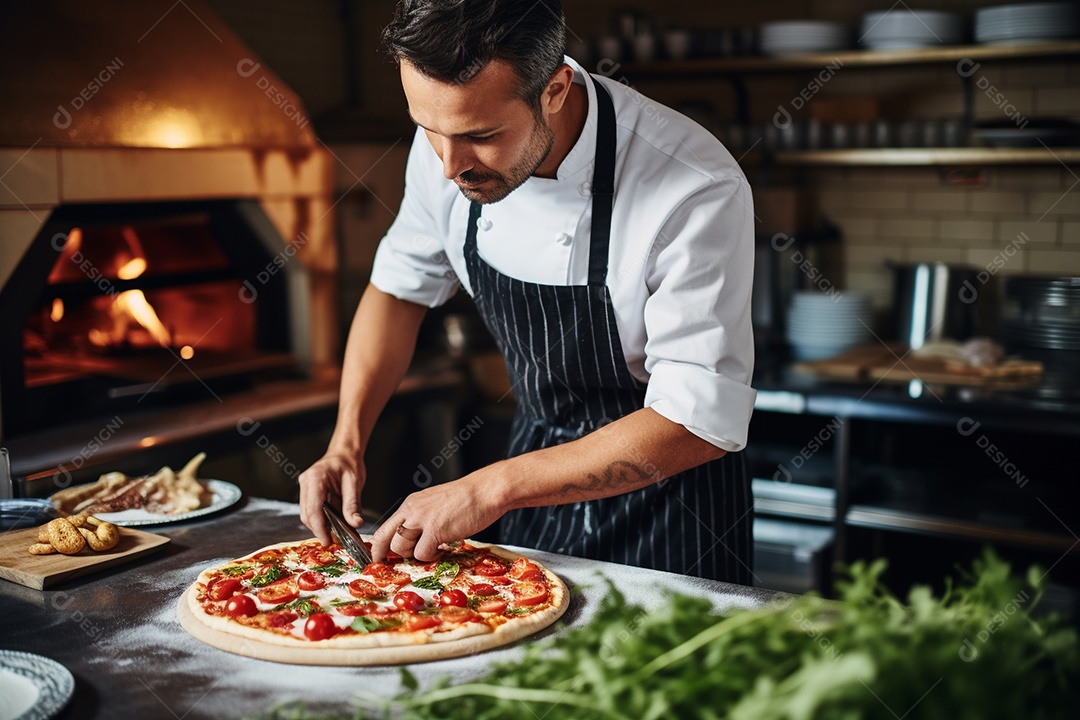 Um chef masculino faz pizza em um restaurante