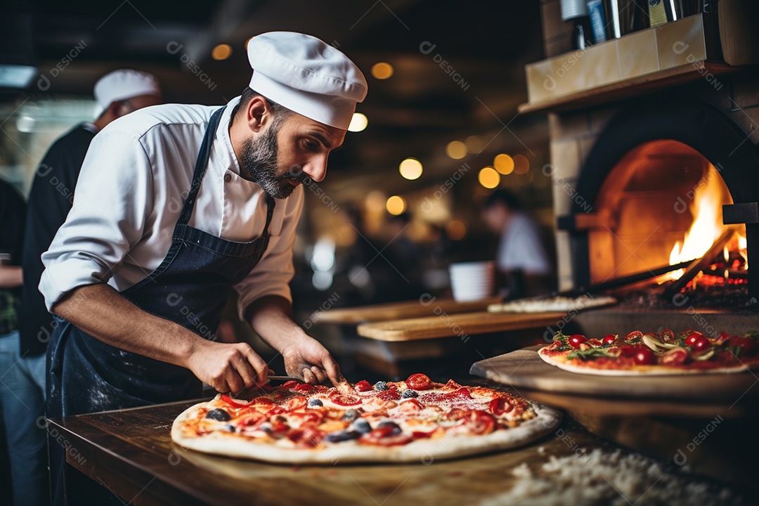 Um chef masculino faz pizza em um restaurante
