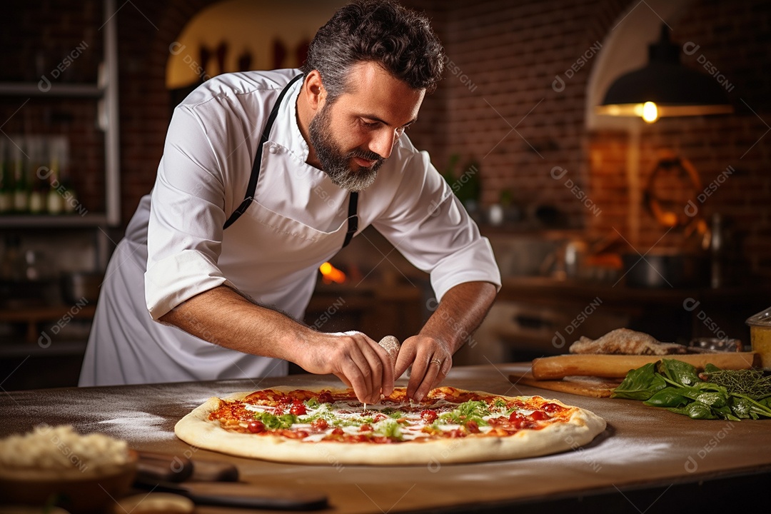 Um chef masculino faz pizza em um restaurante