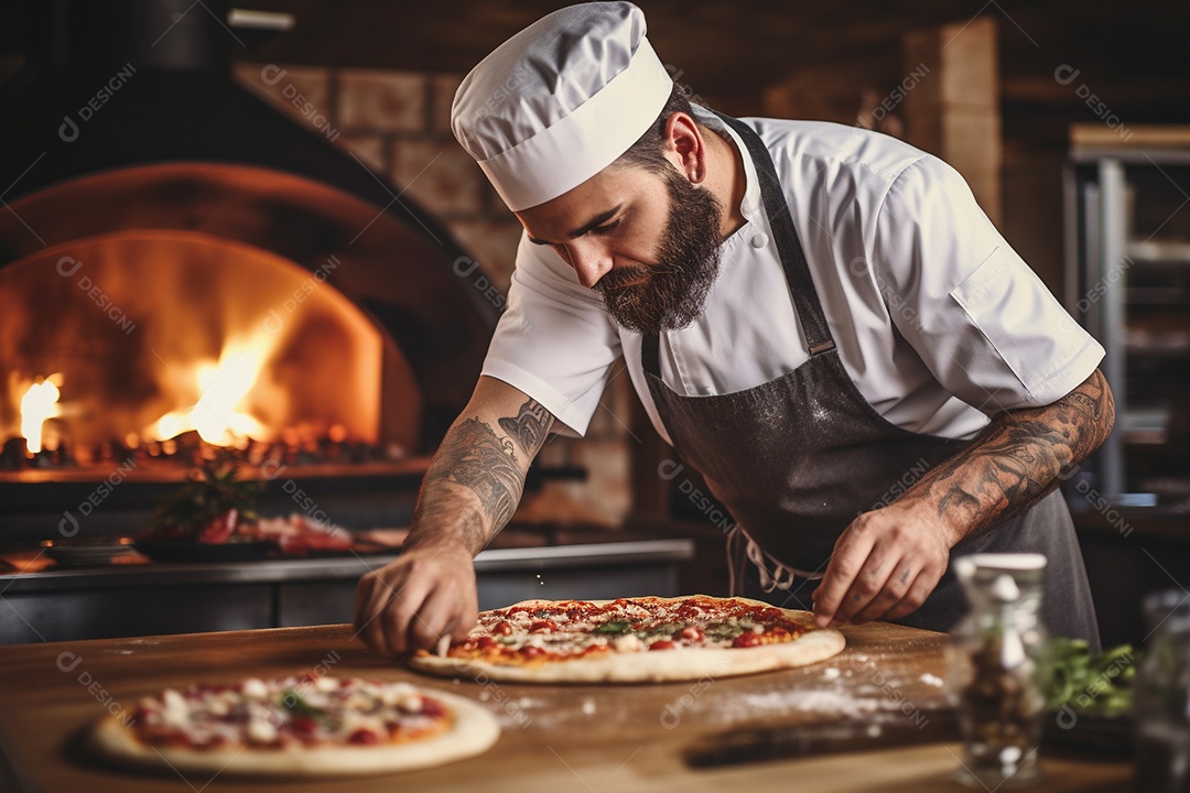 Um chef masculino faz pizza em um restaurante