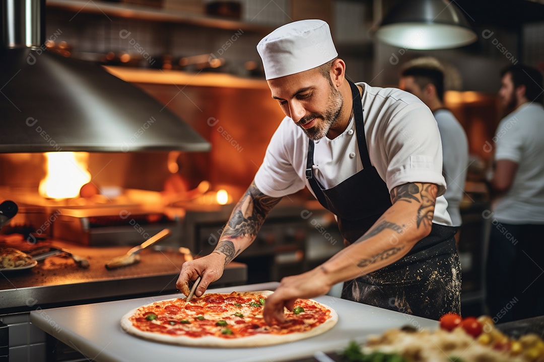 Um chef masculino faz pizza em um restaurante