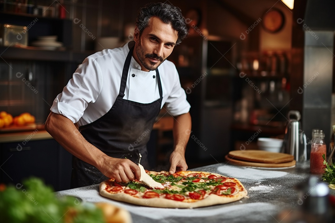 Um chef masculino faz pizza em um restaurante