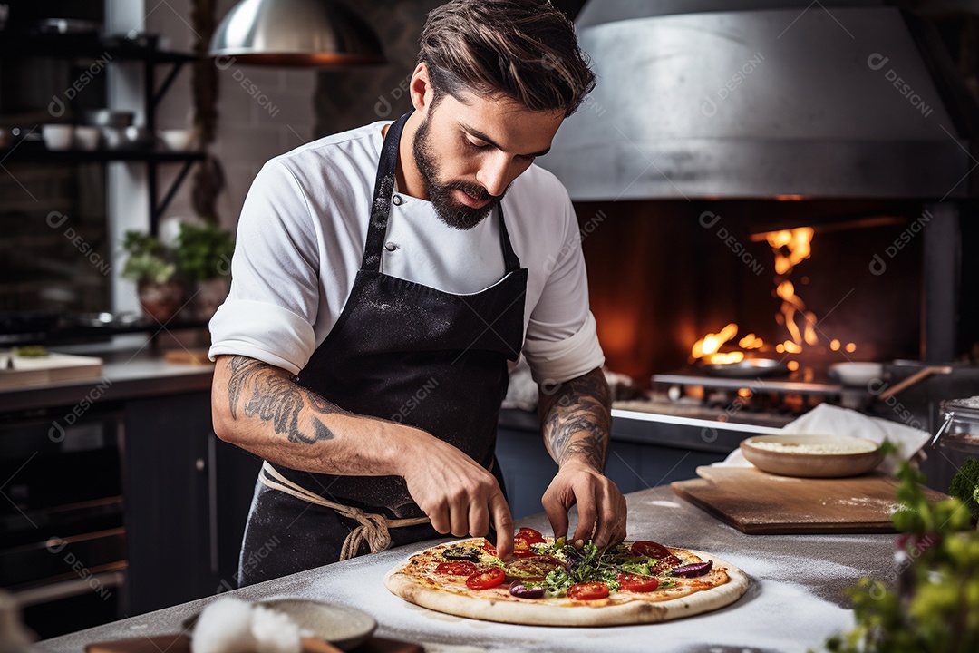 Um chef masculino faz pizza em um restaurante