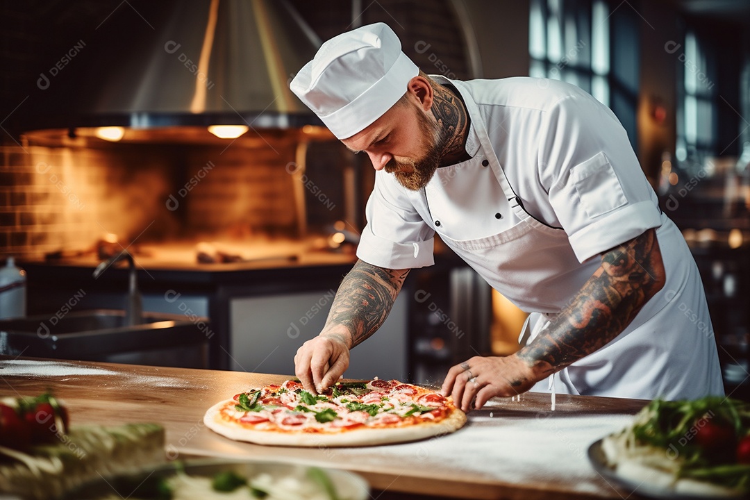 Um chef masculino faz pizza em um restaurante