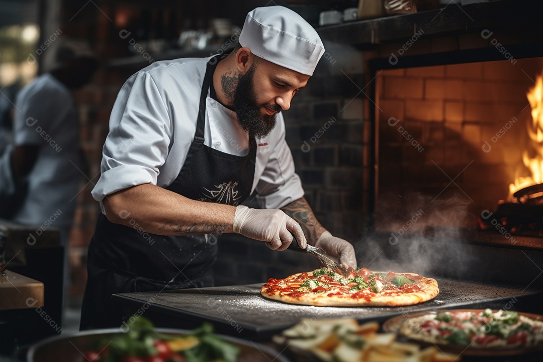 Um chef masculino faz pizza em um restaurante