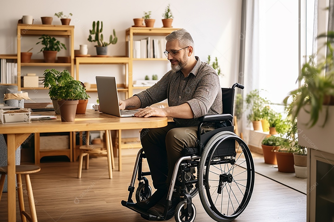 Um homem em uma cadeira de rodas em homeoffice