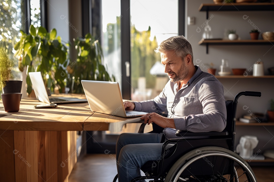 Um homem em uma cadeira de rodas em homeoffice