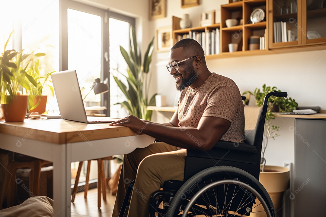 Um homem em uma cadeira de rodas em homeoffice