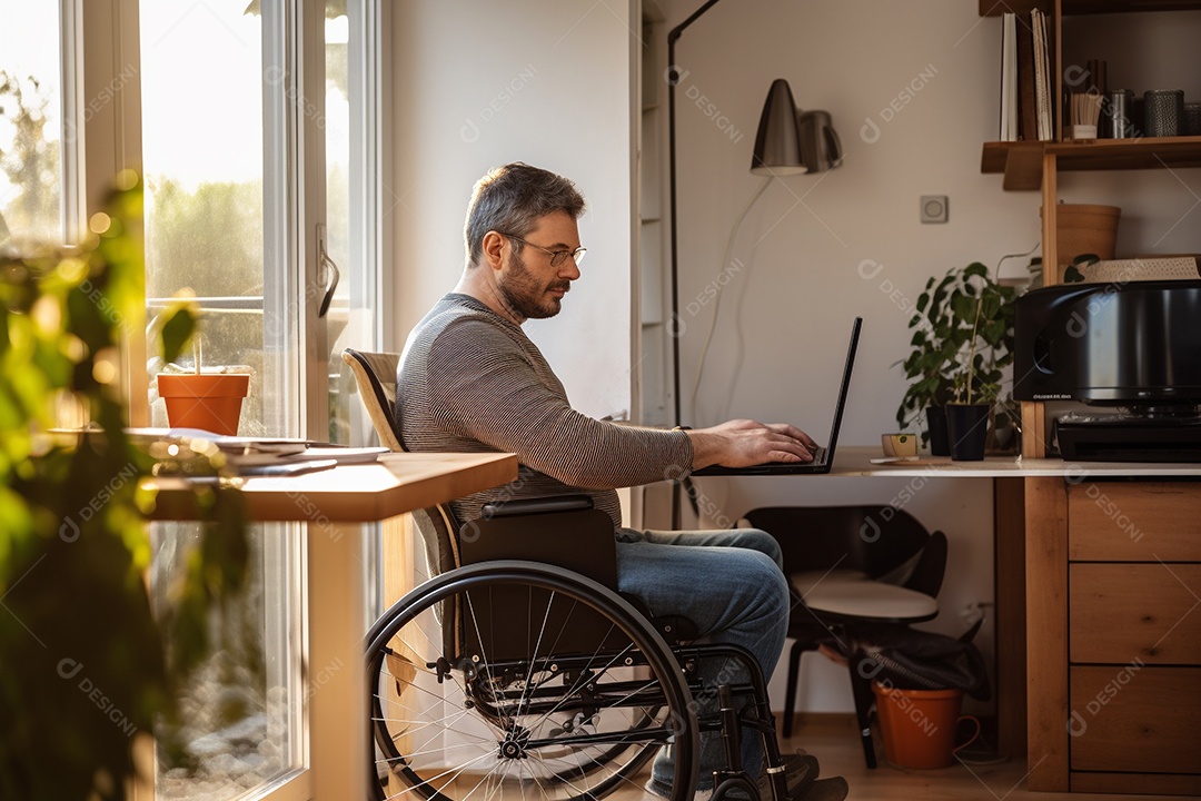 Um homem em uma cadeira de rodas em homeoffice