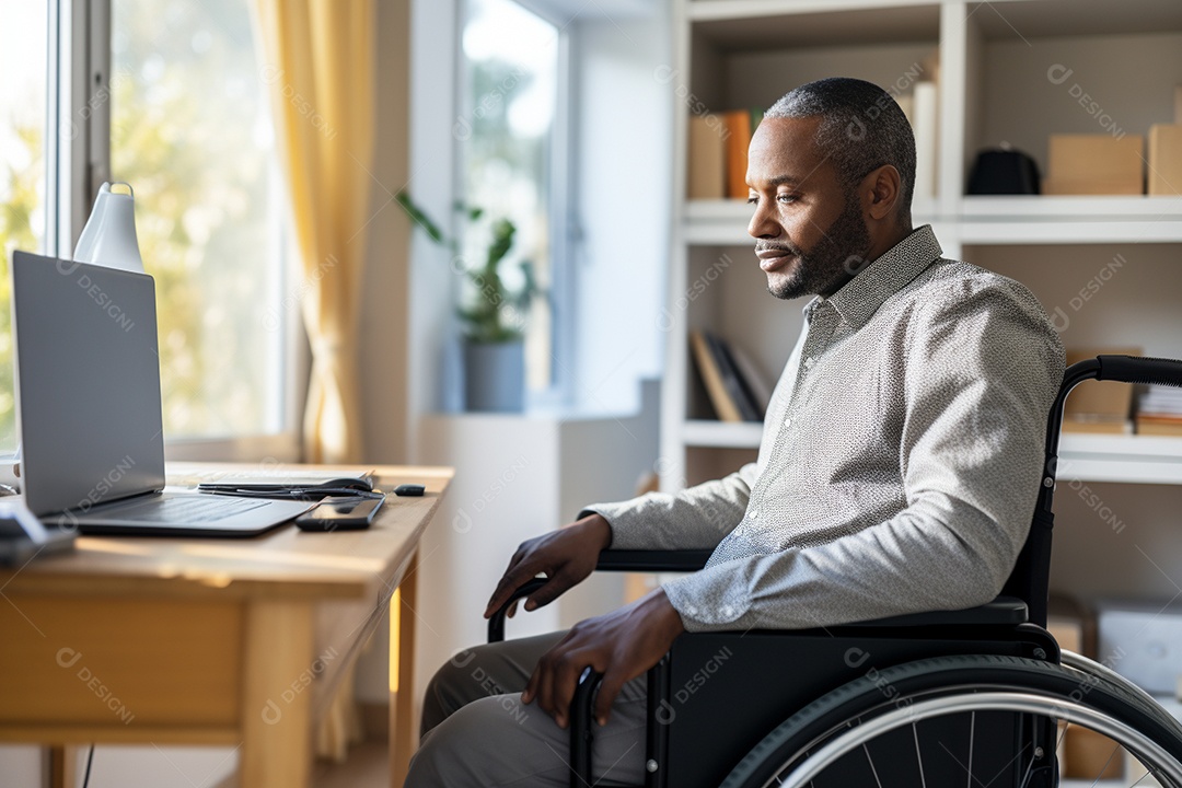 Um homem em uma cadeira de rodas em homeoffice