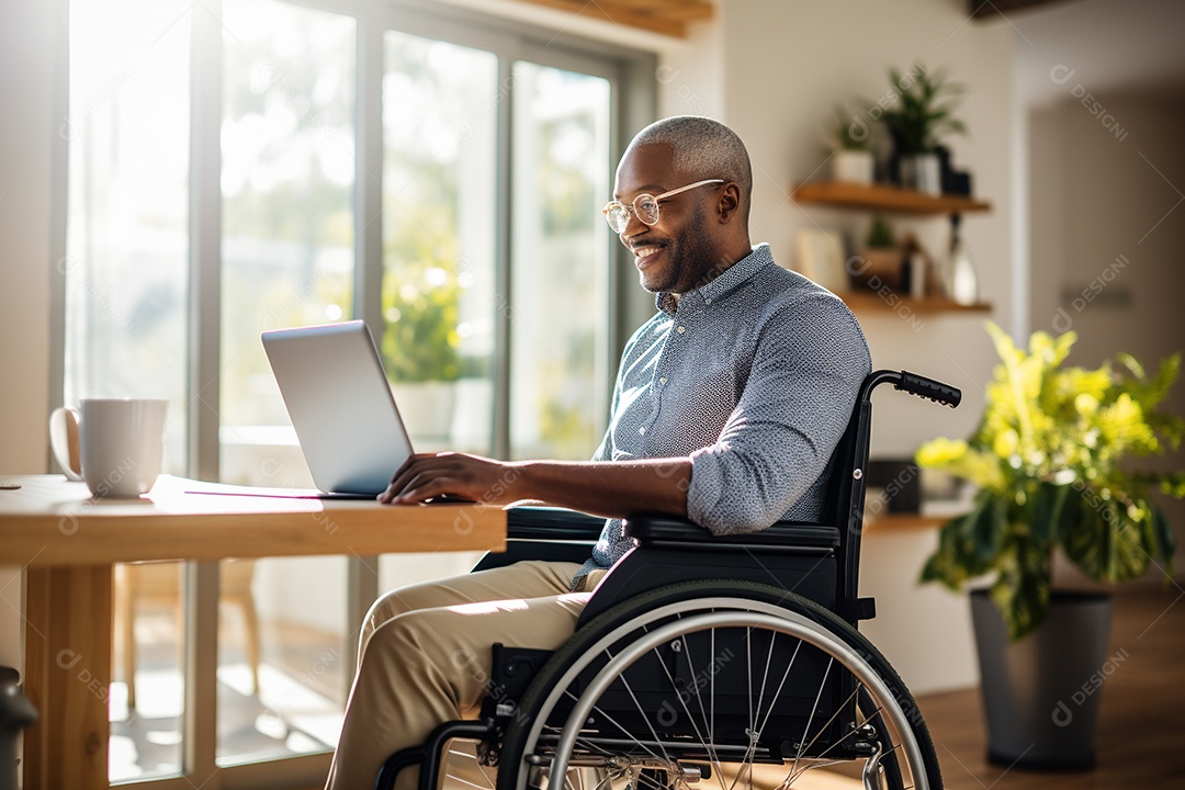 Um homem em uma cadeira de rodas em homeoffice
