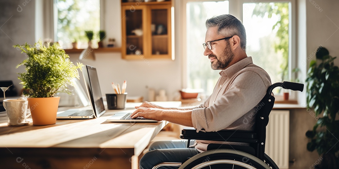 Um homem em uma cadeira de rodas em homeoffice