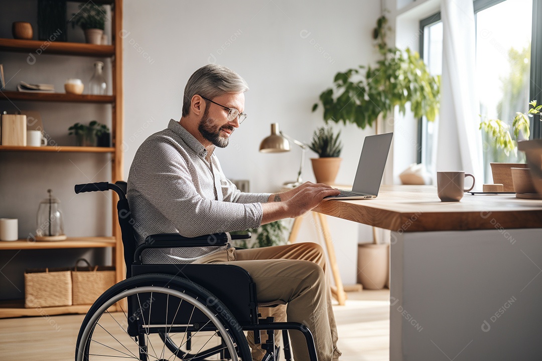 Um homem em uma cadeira de rodas em homeoffice
