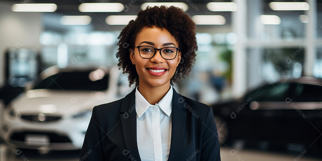 Vendedora de carros negro em concessionárias de automóveis