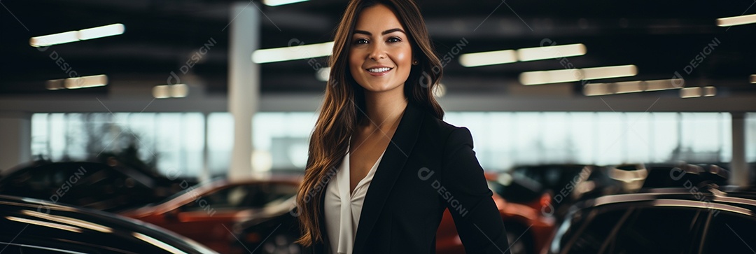 Vendedora de carros branca feminina em concessionárias de automóveis
