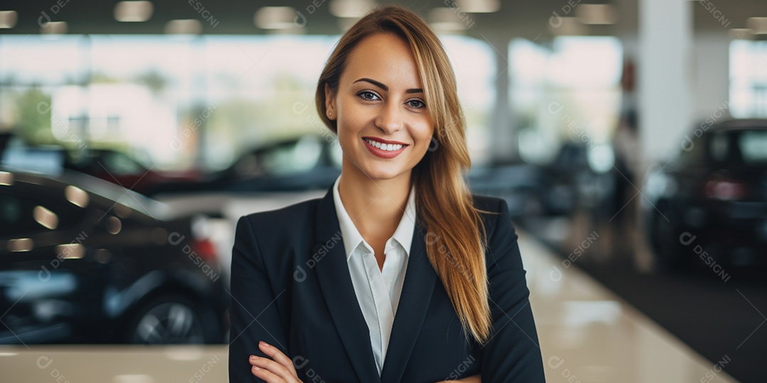 Vendedora de carros branca feminina em concessionárias de automóveis