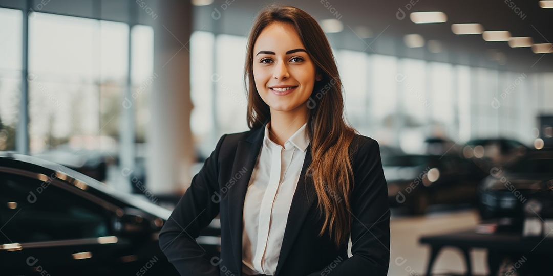 Vendedora de carros branca feminina em concessionárias de automóveis