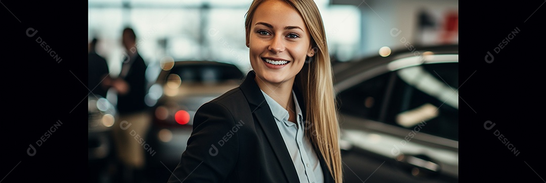 Vendedora de carros branca feminina em concessionárias de automóveis