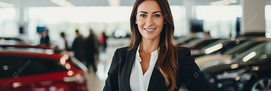 Vendedora de carros branca feminina em concessionárias de automóveis