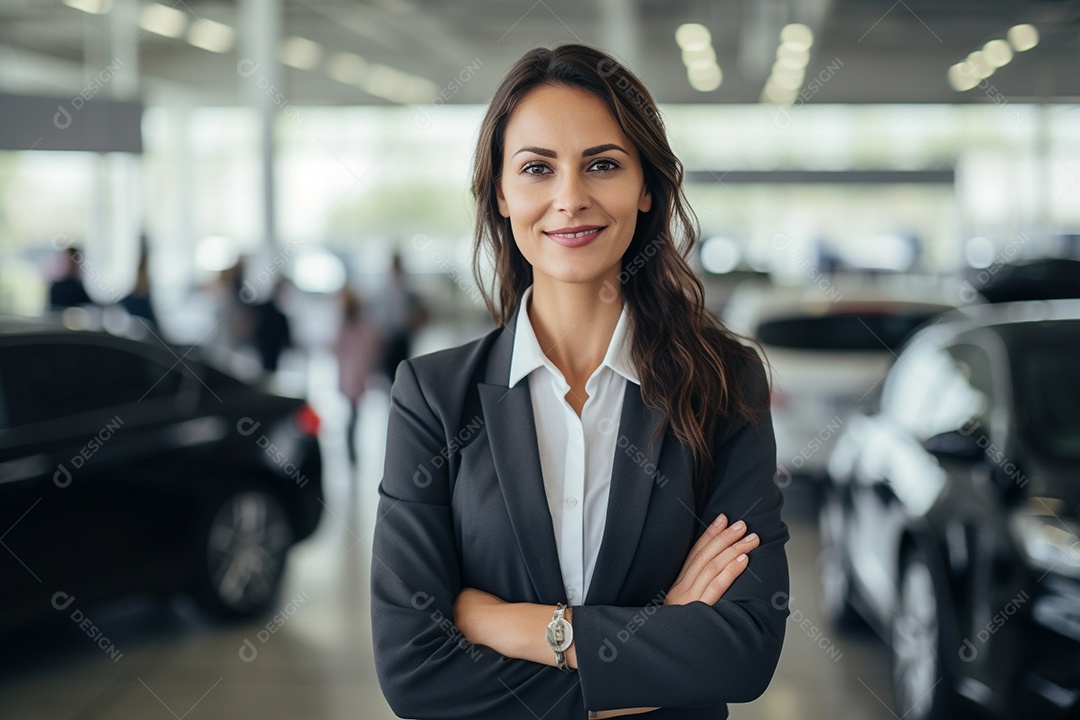 Vendedora de carros branca feminina em concessionárias de automóveis