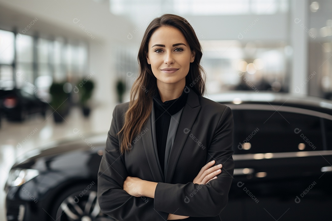 Vendedora de carros branca feminina em concessionárias de automóveis