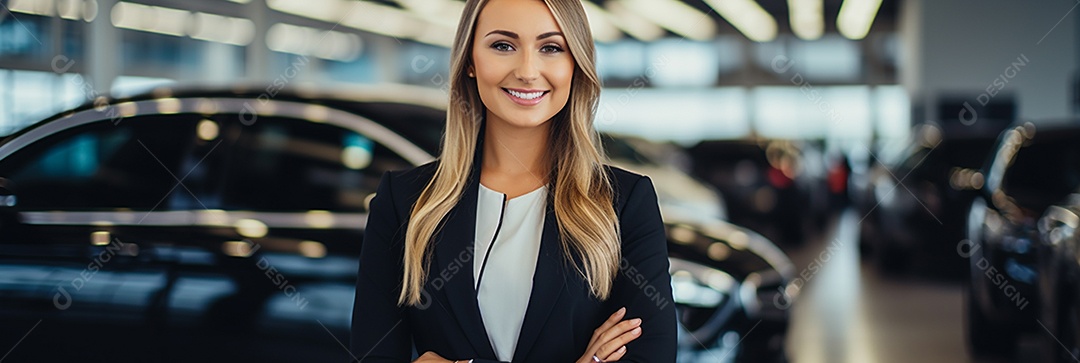 Vendedora de carros branca feminina em concessionárias de automóveis