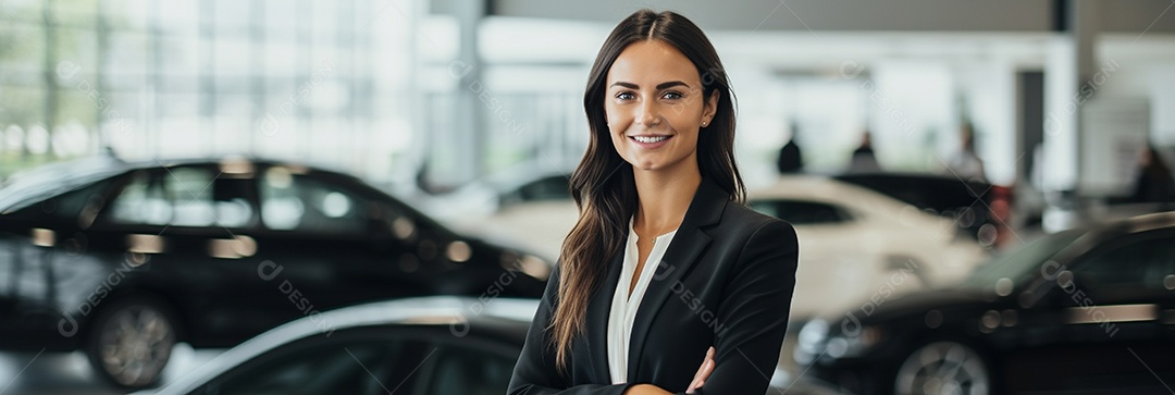 Vendedora de carros branca feminina em concessionárias de automóveis