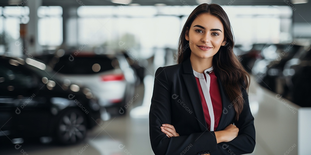 Vendedora de carros branca feminina em concessionárias de automóveis