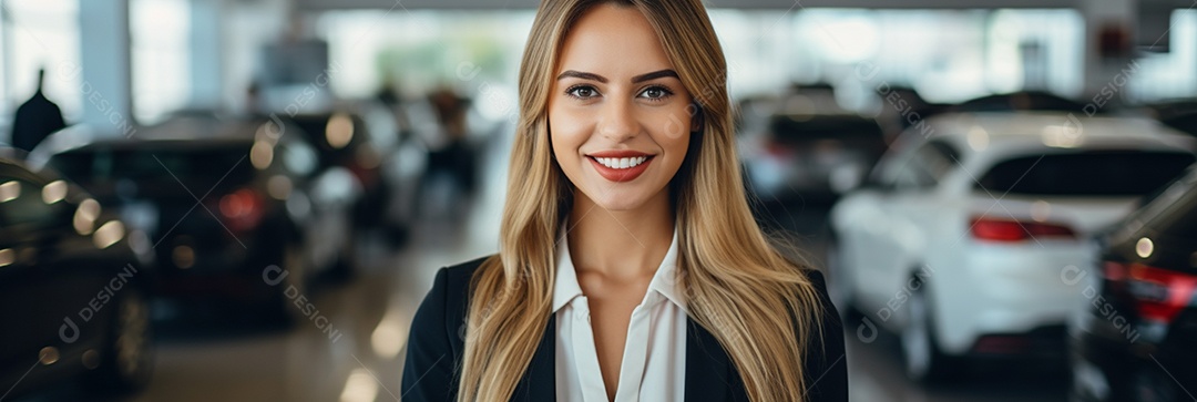 Vendedora de carros branca feminina em concessionárias de automóveis