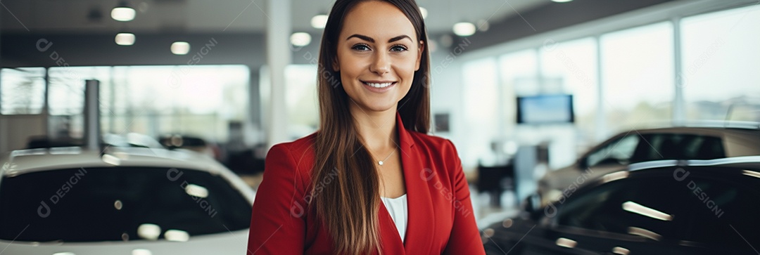 Vendedora de carros branca feminina em concessionárias de automóveis