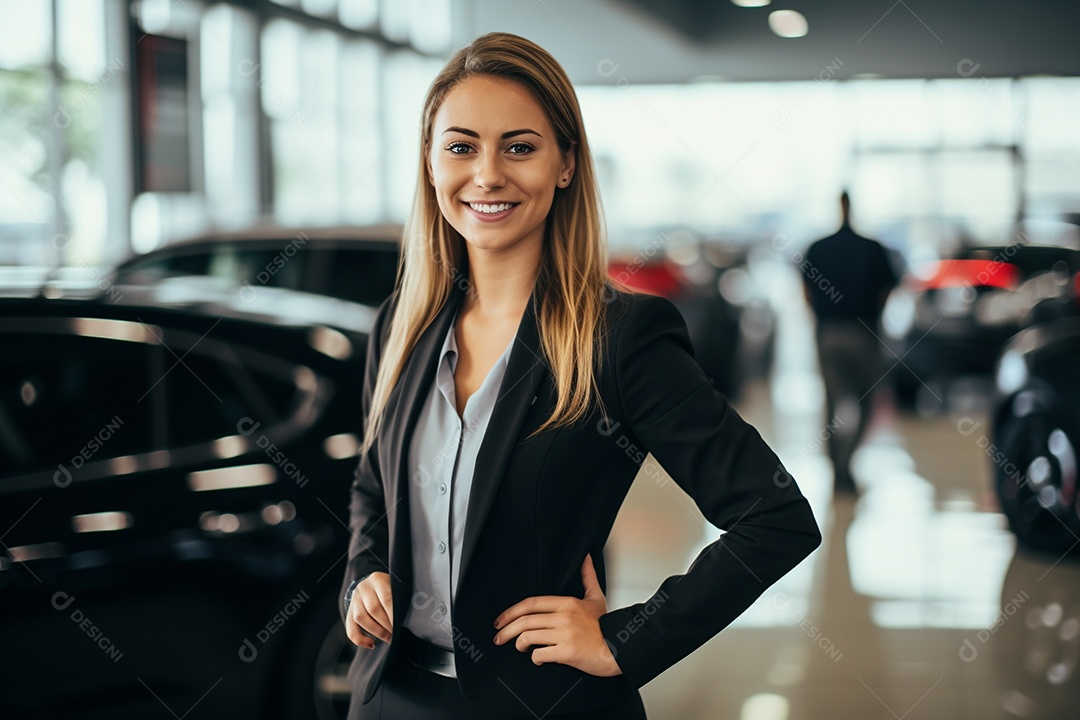 Vendedora de carros branca feminina em concessionárias de automóveis