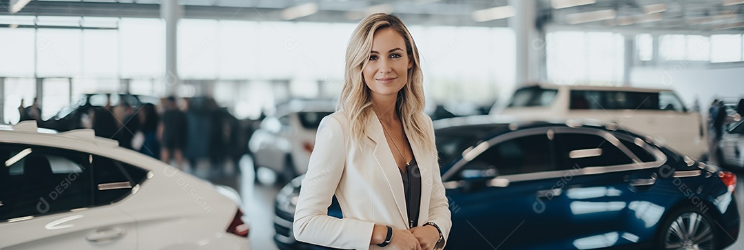 Vendedora de carros branca feminina em concessionárias de automóveis