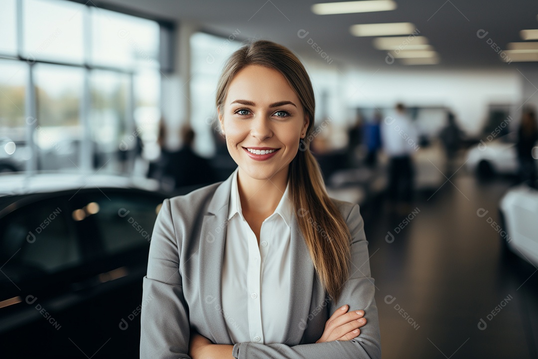 Vendedora de carros branca feminina em concessionárias de automóveis