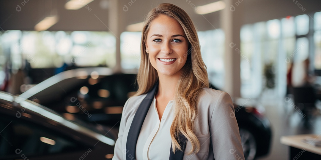 Vendedora de carros branca feminina em concessionárias de automóveis