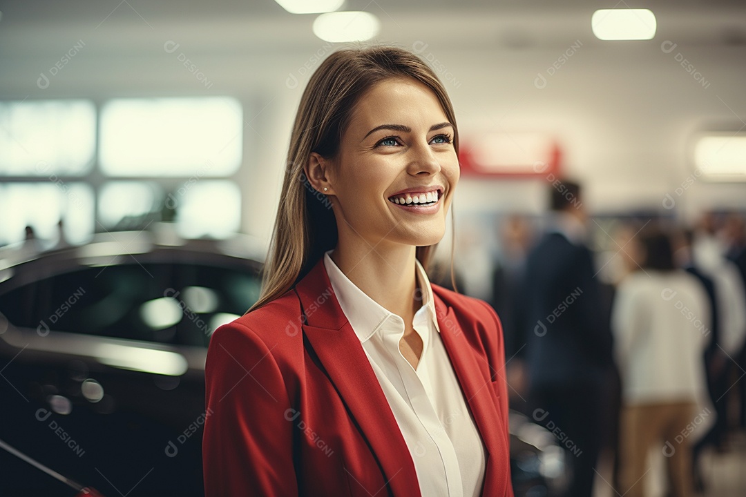 Vendedora de carros branca feminina em concessionárias de automóveis