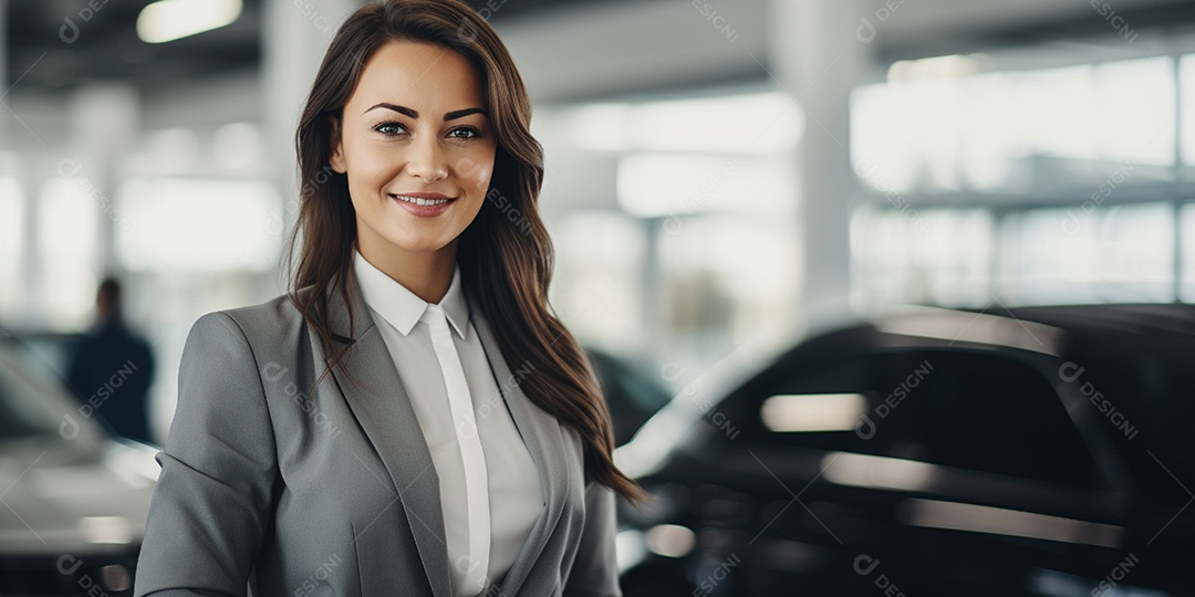 Vendedora de carros branca feminina em concessionárias de automóveis