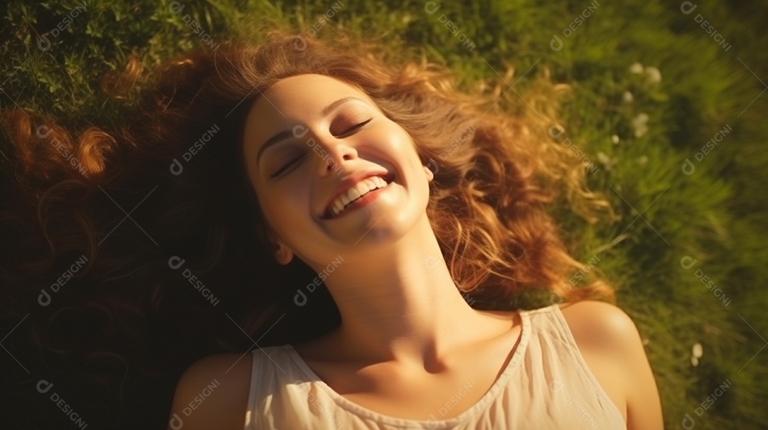 Sorridente jovem negra deitada na grama