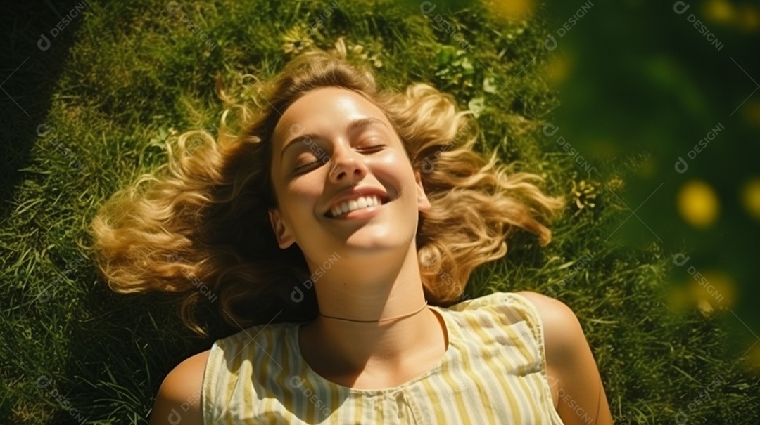Mulher jovem sorridente, deitada na grama