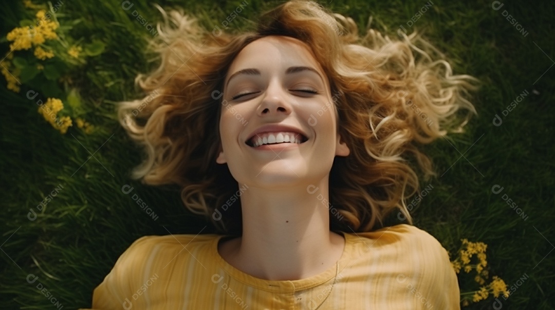 Mulher jovem sorridente, deitada na grama