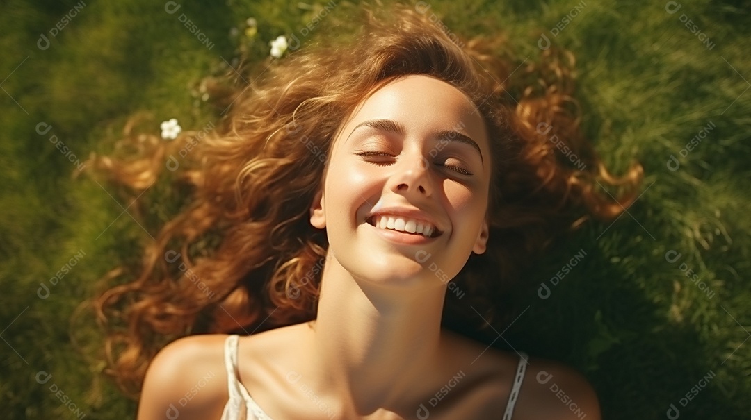 Mulher jovem sorridente, deitada na grama