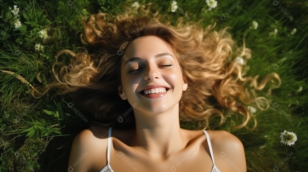 Mulher jovem sorridente, deitada na grama