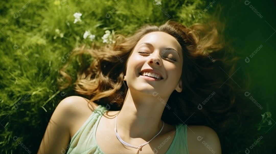 Mulher jovem sorridente, deitada na grama