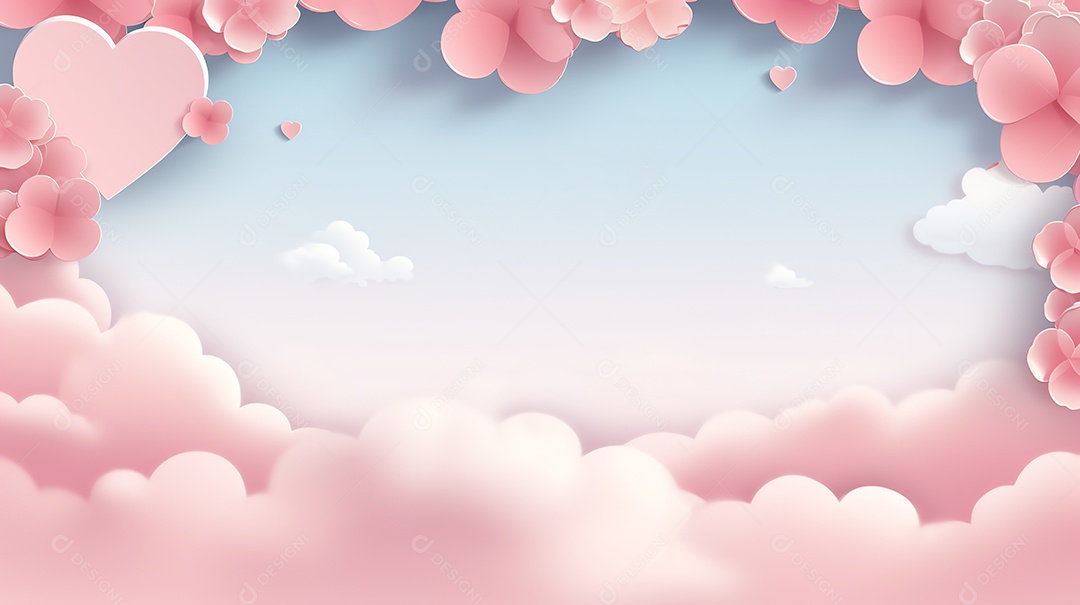 Céu rosa abstrato e nuvens cortadas em papel com espaço de cópia para feliz fundo do dia dos namorados