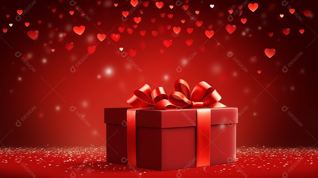 Feliz conceito de dia dos namorados com caixa de presente vermelha e fundo em forma de coração
