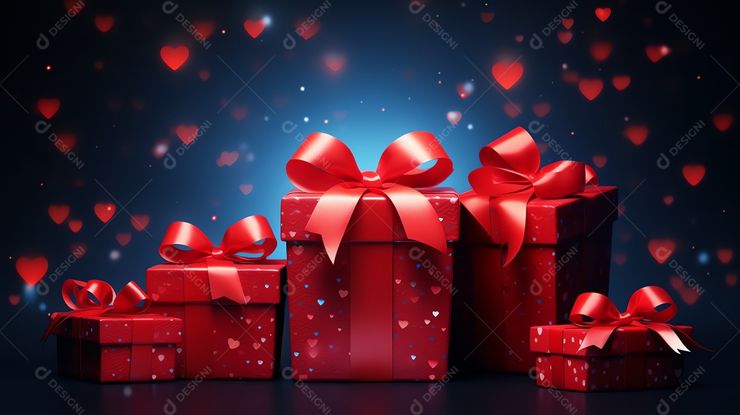 Feliz conceito de dia dos namorados com caixa de presente vermelha e fundo em forma de coração