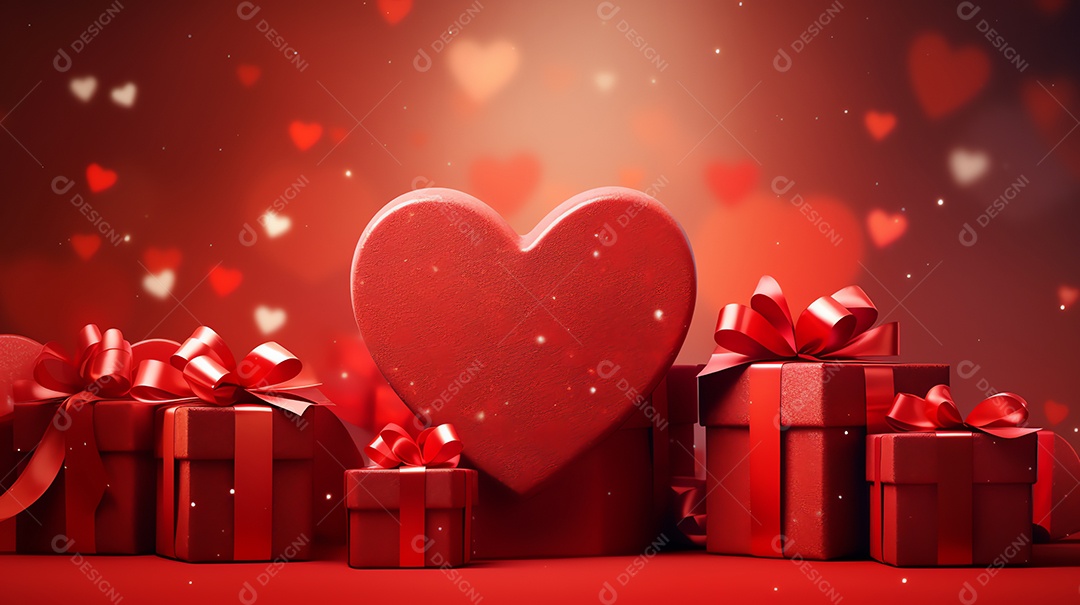 Feliz conceito de dia dos namorados com caixa de presente vermelha e fundo em forma de coração