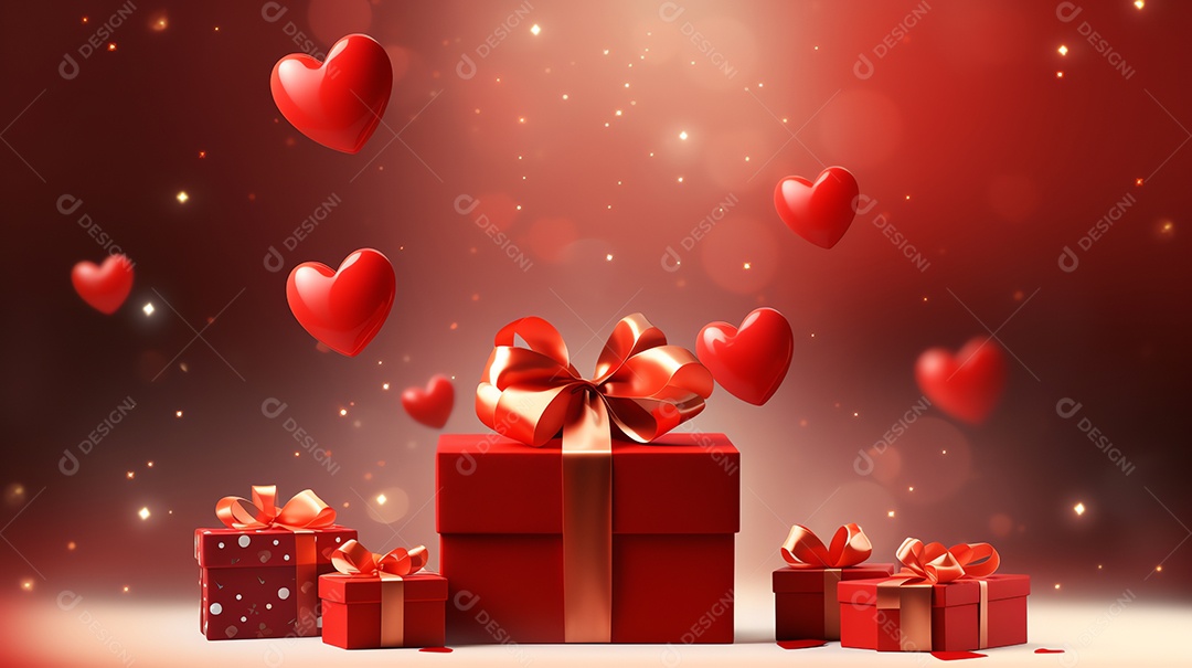 Feliz conceito de dia dos namorados com caixa de presente vermelha e fundo em forma de coração