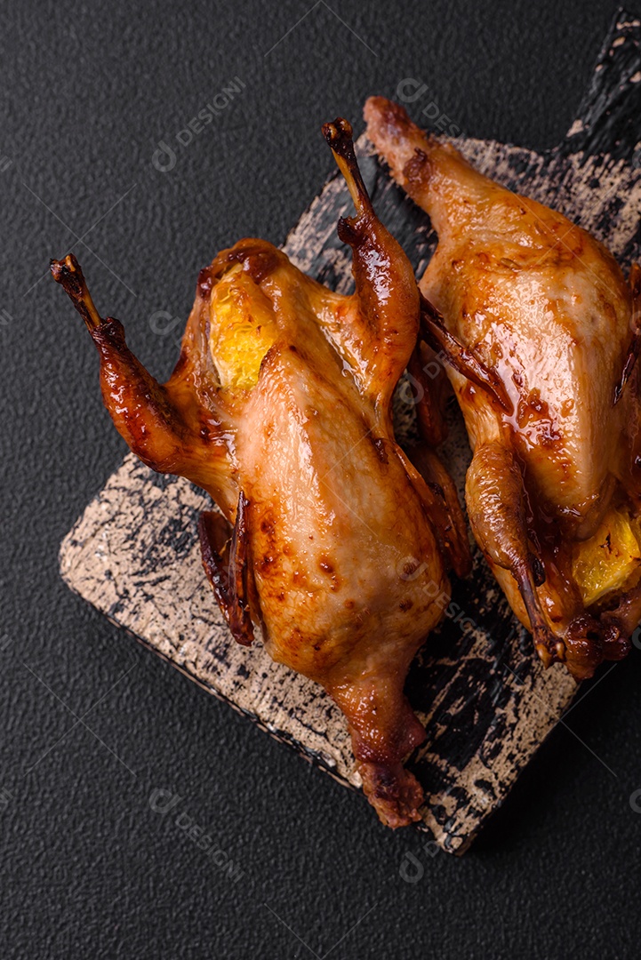 Codorna assada, perdiz ou pombo recheado com laranja com especiarias e ervas sobre fundo escuro de concreto