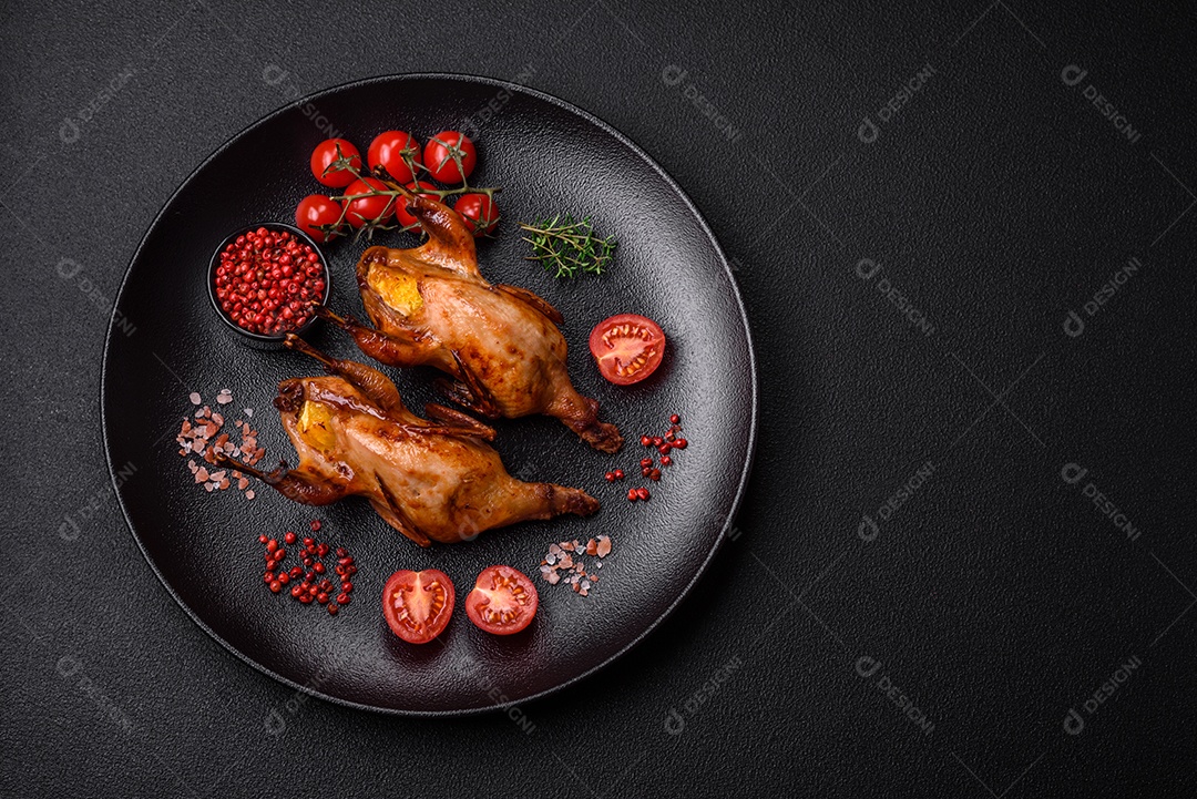 Codorna assada, perdiz ou pombo recheado com laranja com especiarias e ervas sobre fundo escuro de concreto